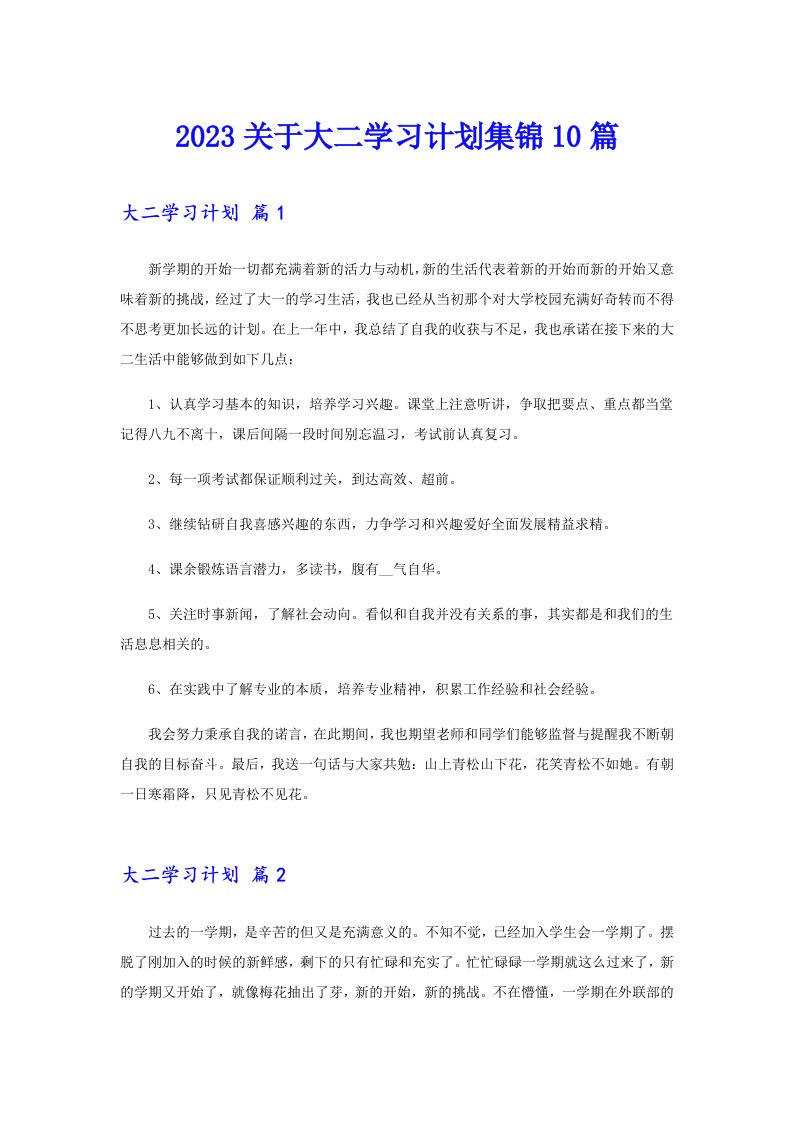 2023关于大二学习计划集锦10篇