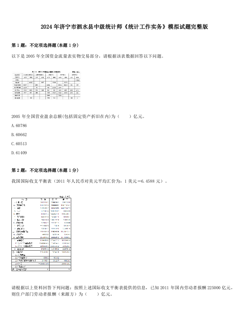 2024年济宁市泗水县中级统计师《统计工作实务》模拟试题完整版