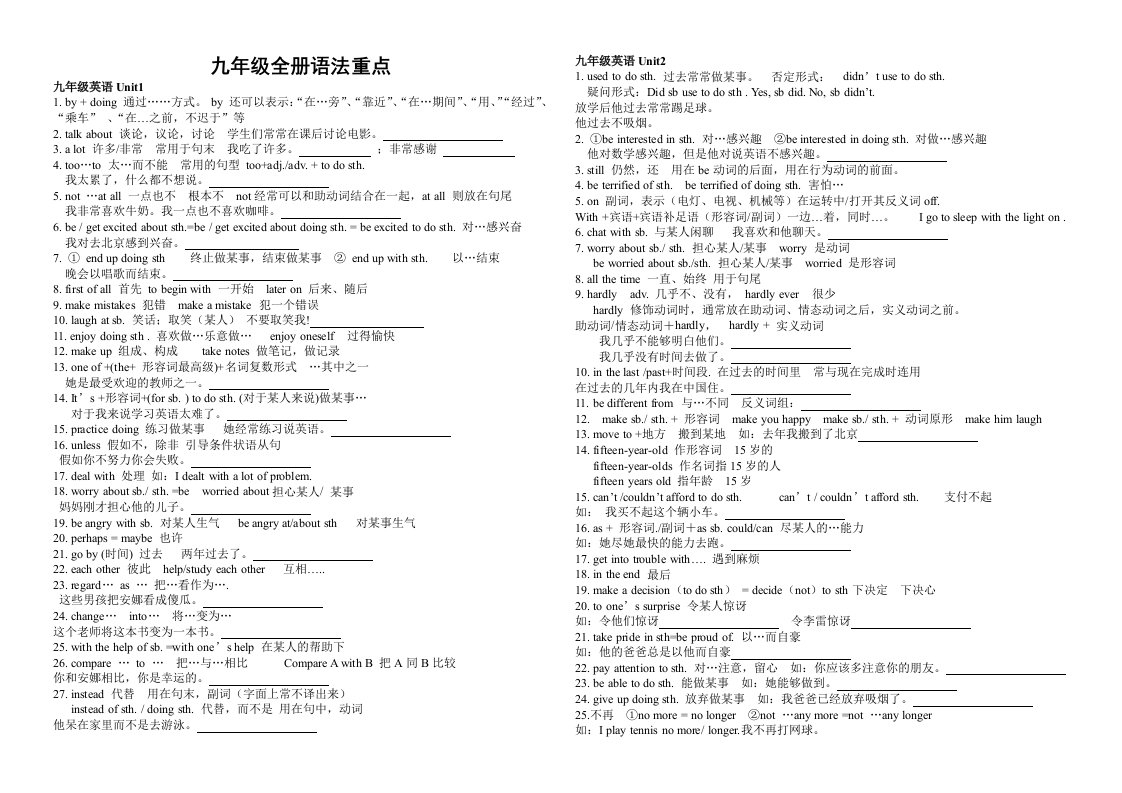 九年级全册词汇句型语法重点(共17页)