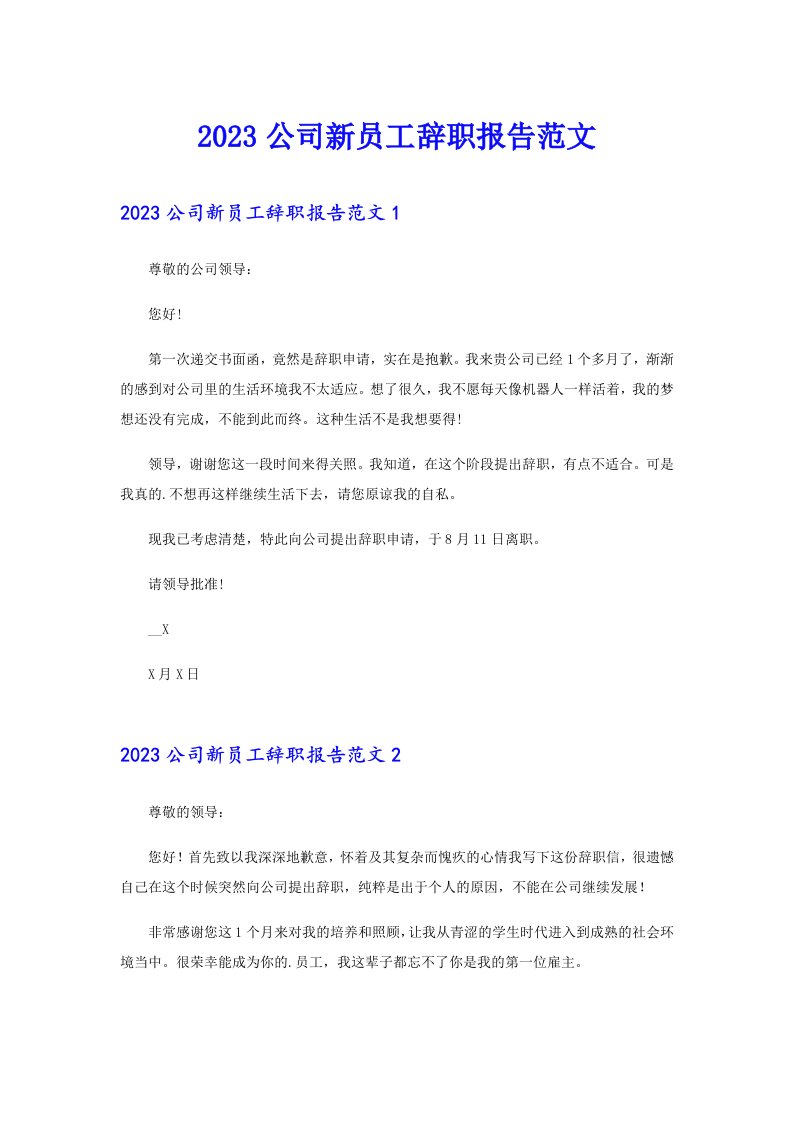 2023公司新员工辞职报告范文