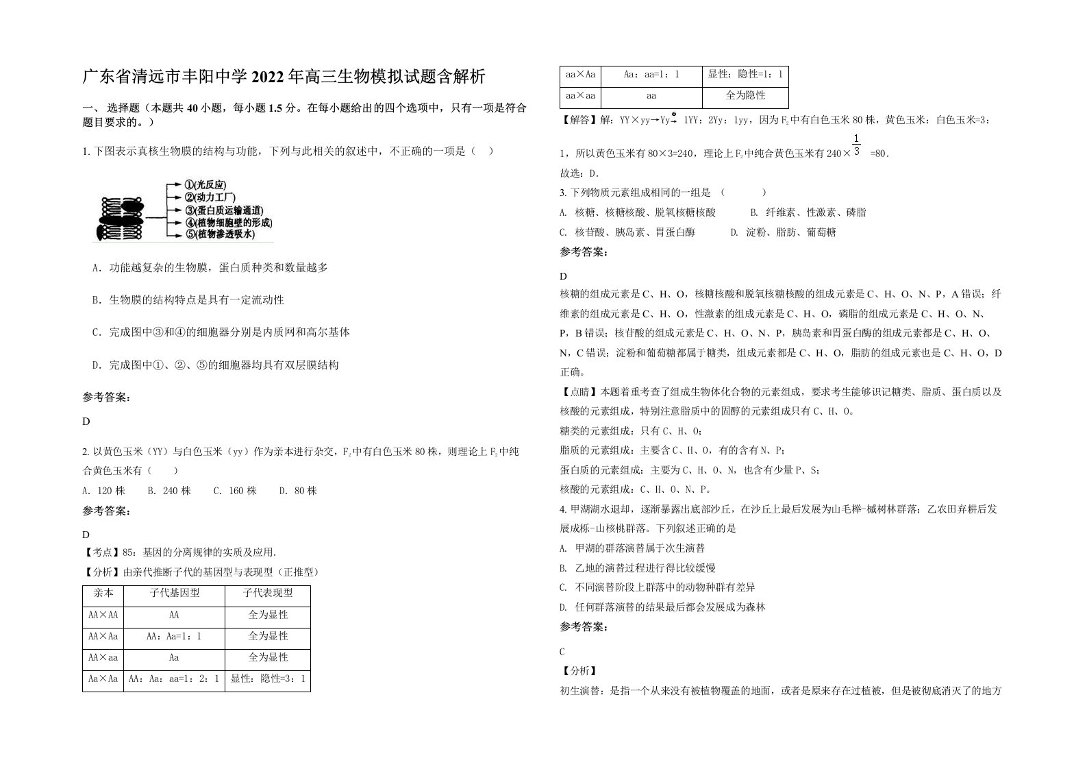 广东省清远市丰阳中学2022年高三生物模拟试题含解析