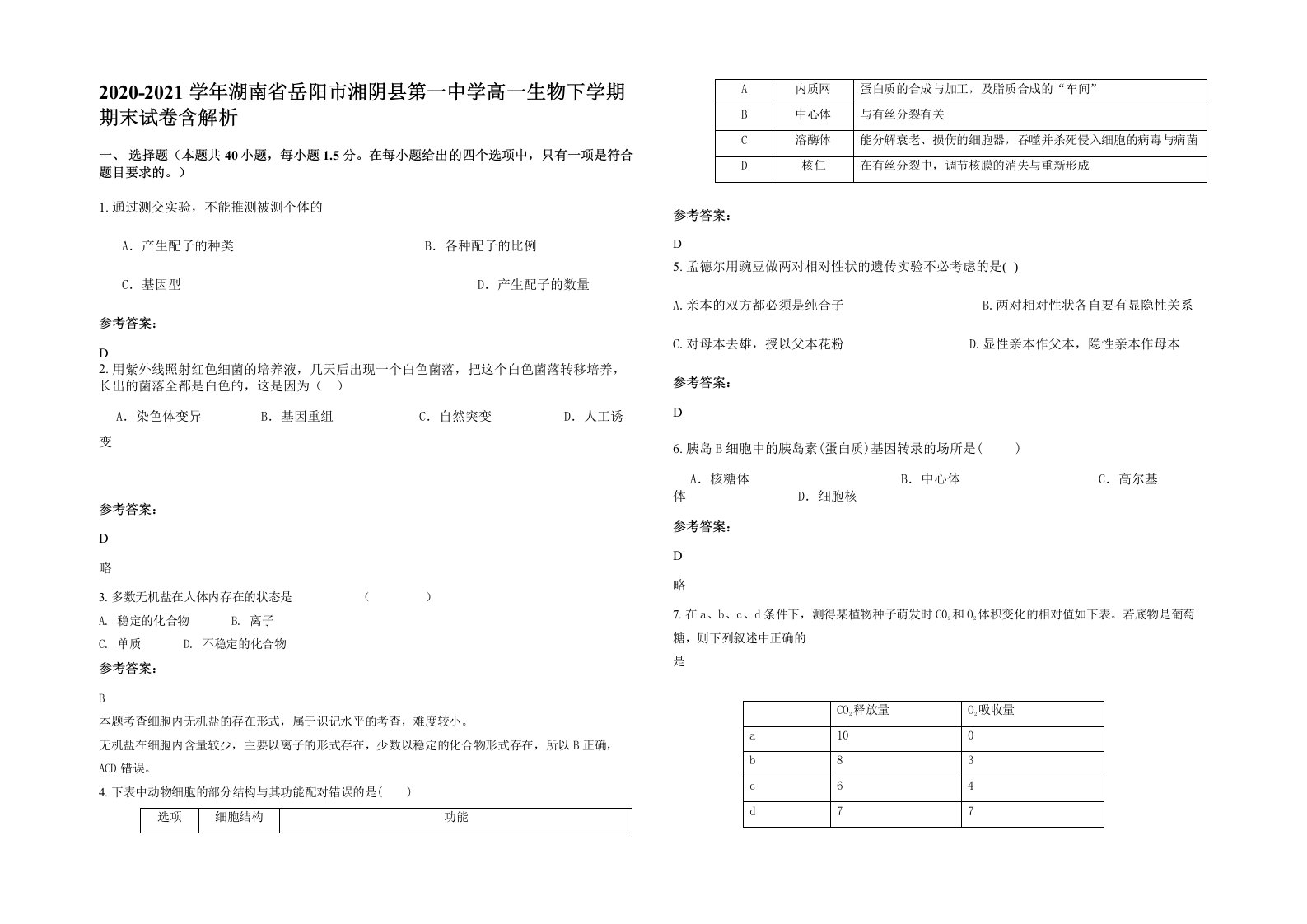 2020-2021学年湖南省岳阳市湘阴县第一中学高一生物下学期期末试卷含解析