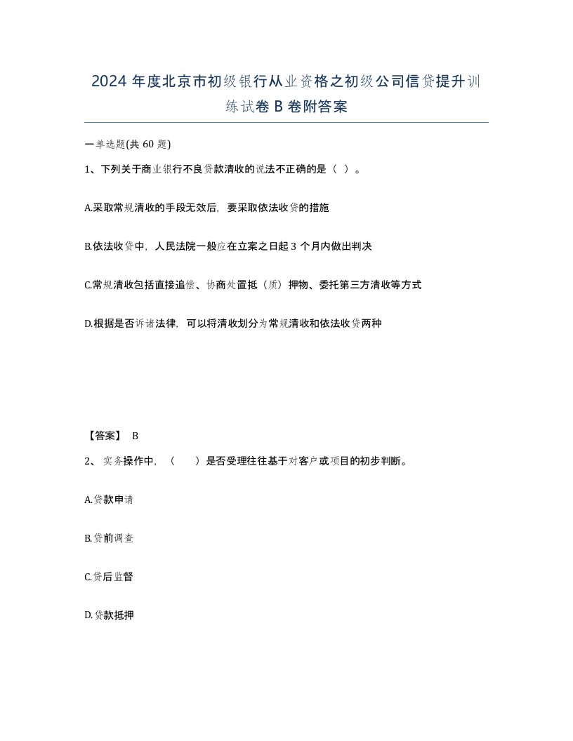 2024年度北京市初级银行从业资格之初级公司信贷提升训练试卷B卷附答案