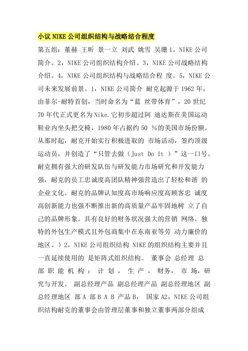 小议NIKE公司组织结构与战略结合程度1