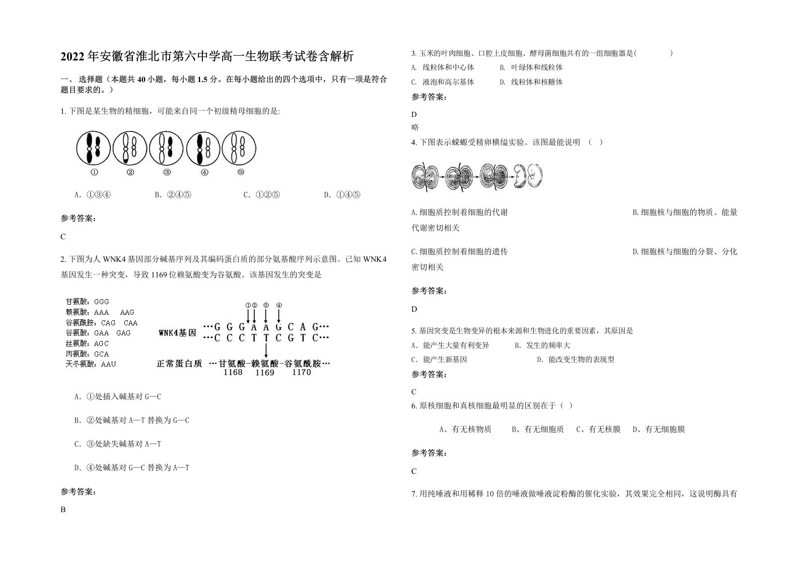 2022年安徽省淮北市第六中学高一生物联考试卷含解析