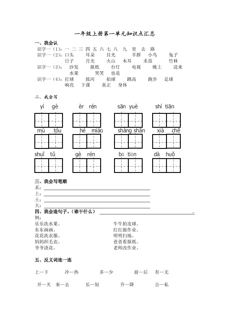 人教版小学一年级语文上册各单元知识点汇总