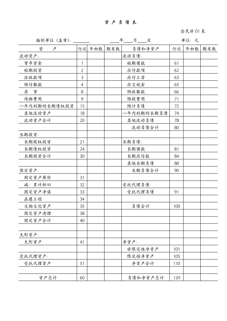 民办非企业单位会计报表