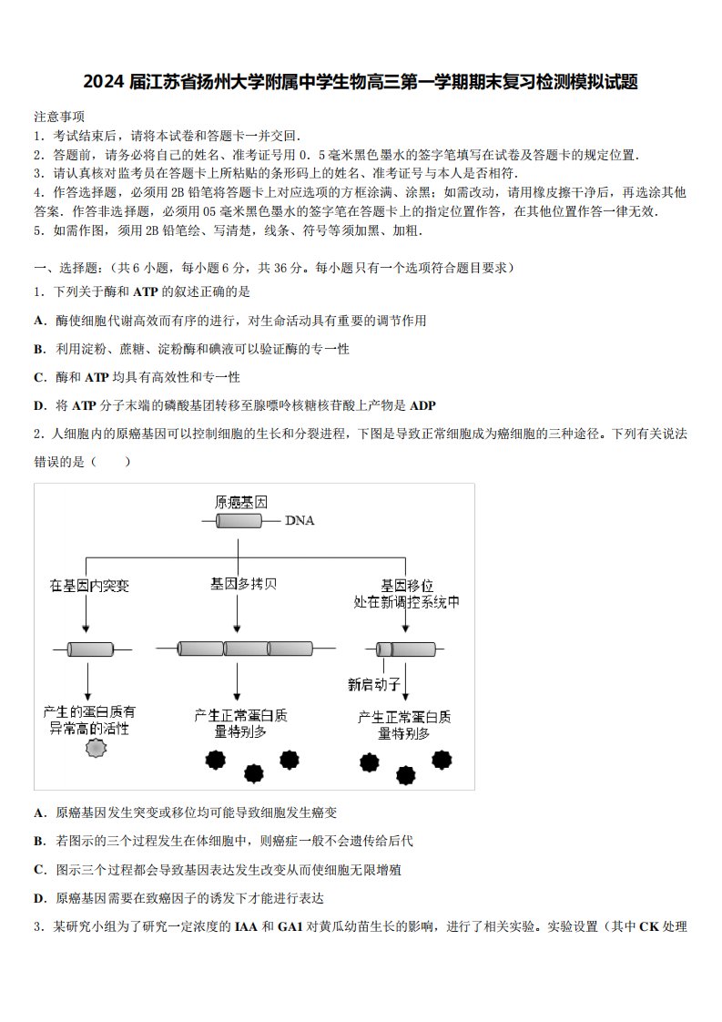 2024届江苏省扬州大学附属中学生物高三第一学期期末复习检测模拟试题含