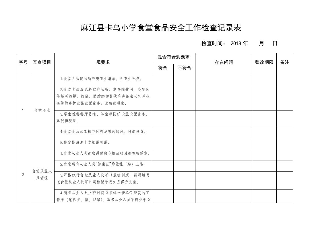 食堂食品安全系统工作检查记录簿表格