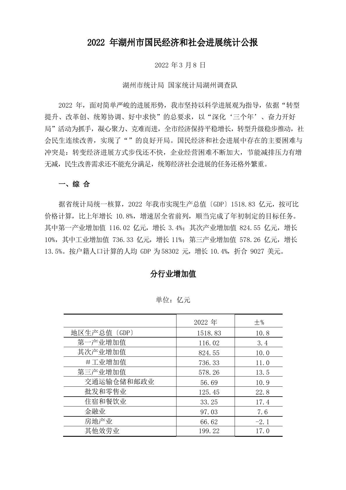 2022年湖州市国民经济和社会发展统计公报