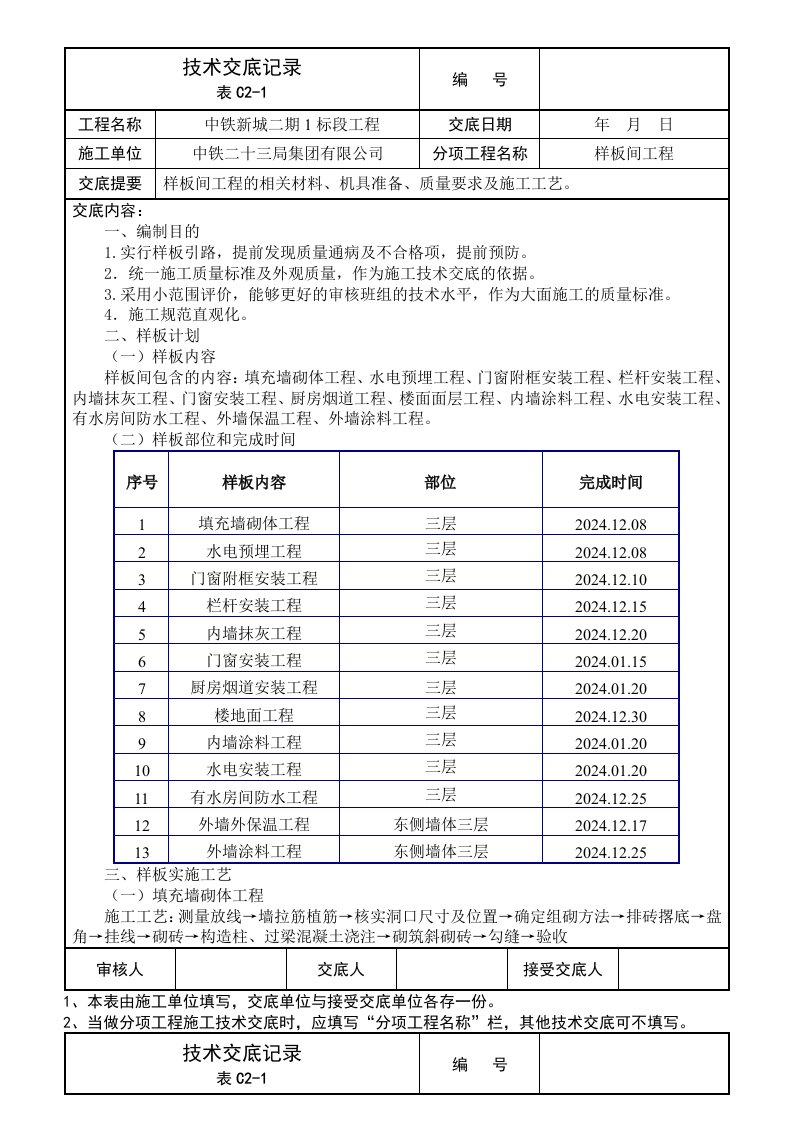 样板间工程技术交底记录