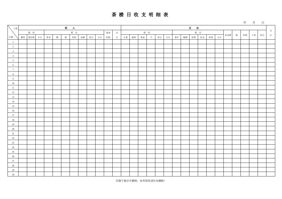 茶楼日收支明细表