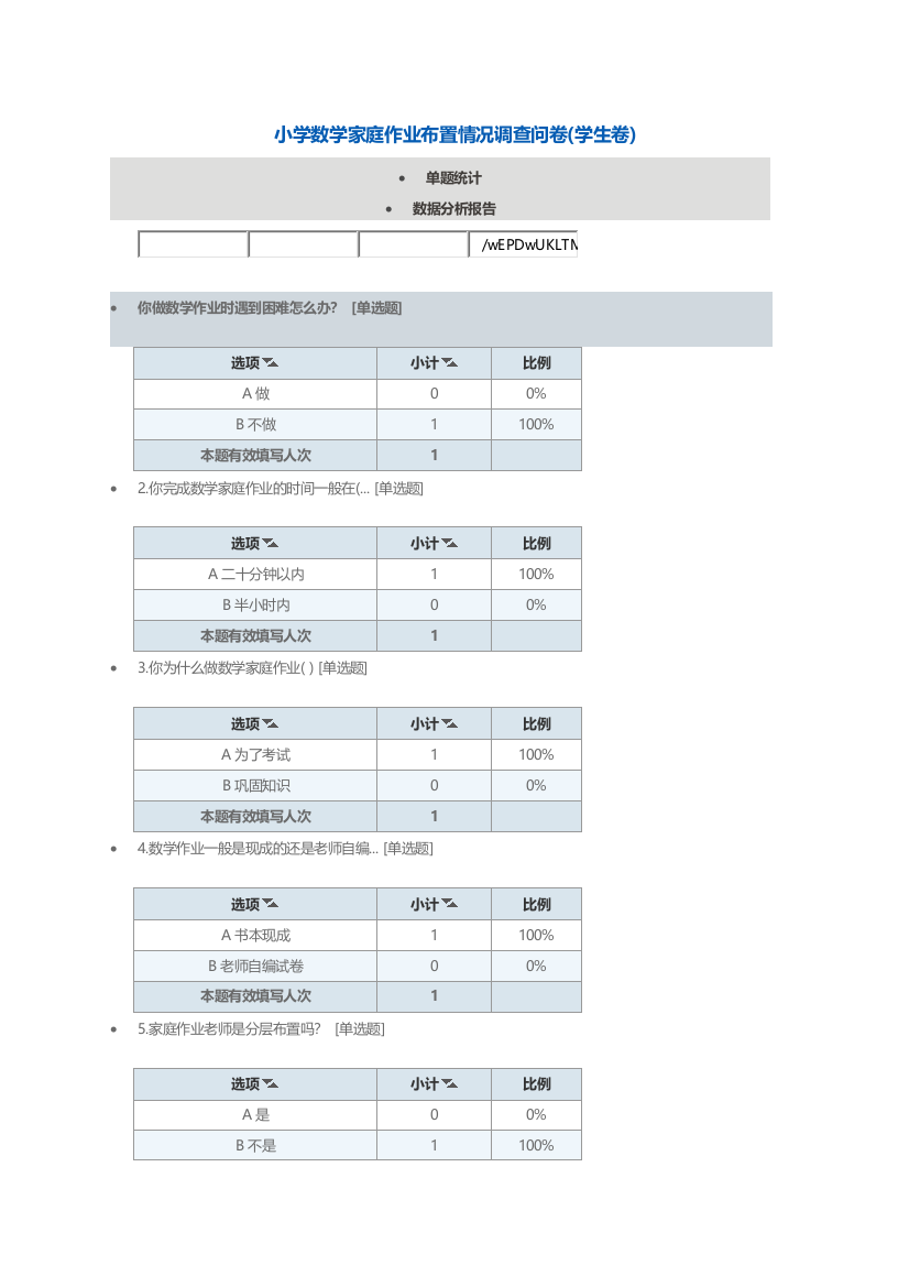 小学数学家庭作业布置情况调查问卷