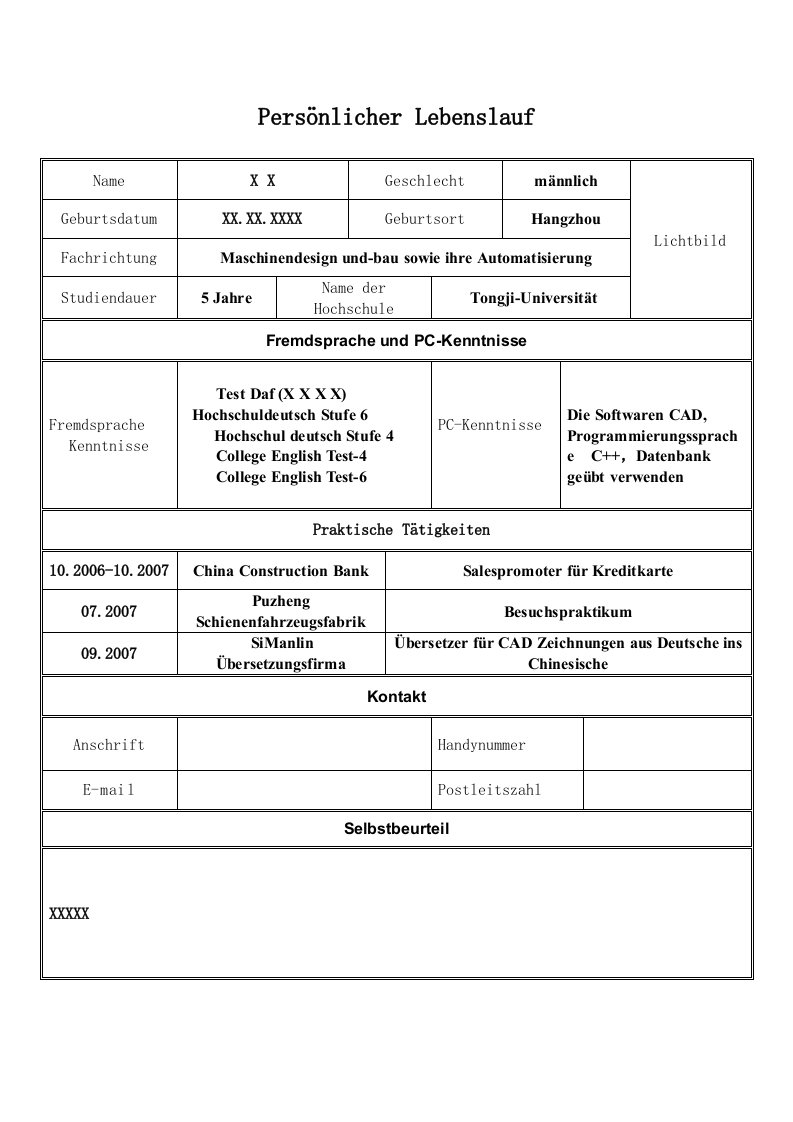 申请德国留学表格式个人简历模板