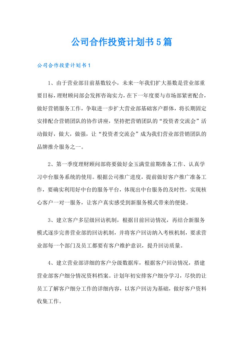 公司合作投资计划书5篇