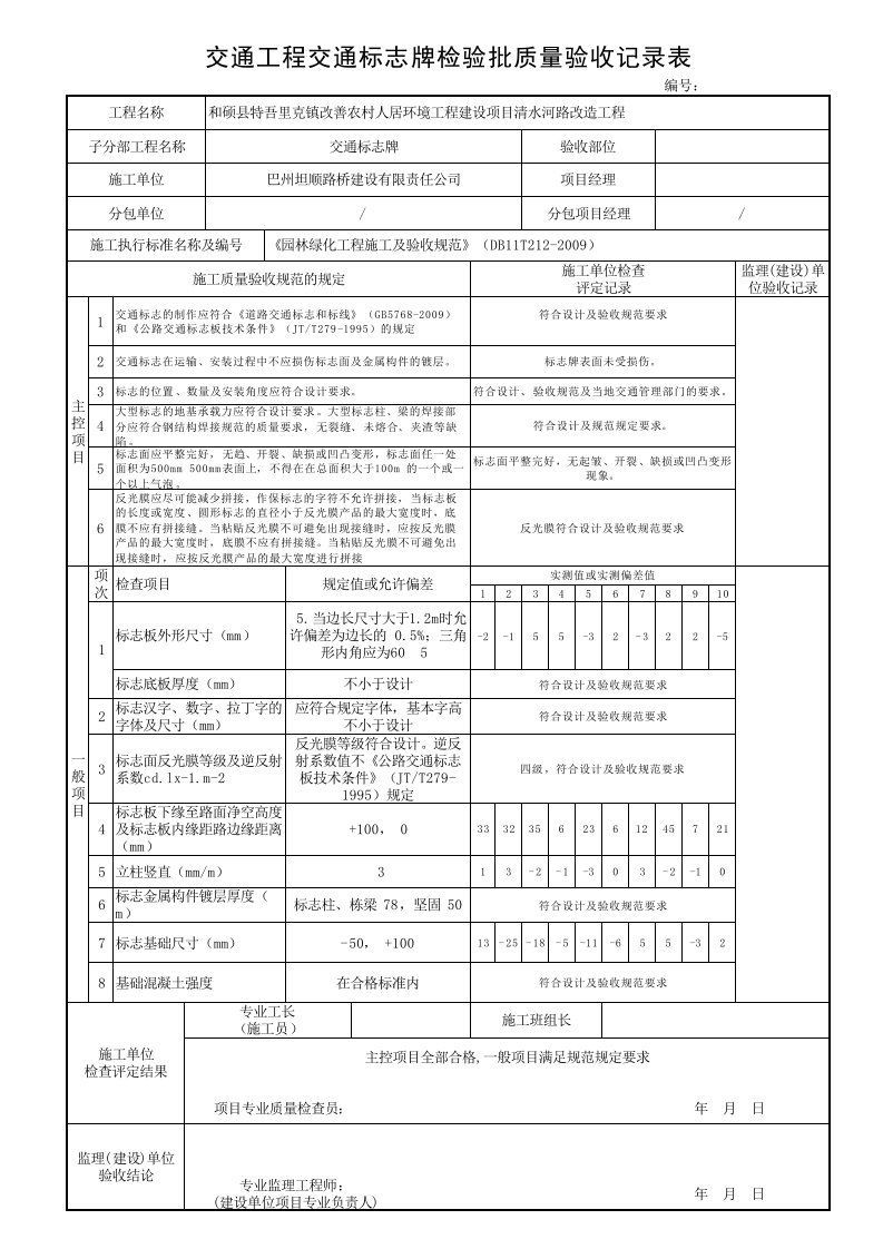 交通工程交通标志牌检验批质量验收记录表