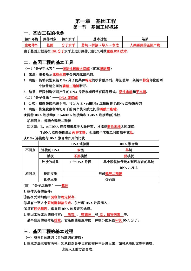 生物选修3基因工程复习(基础知识过关)