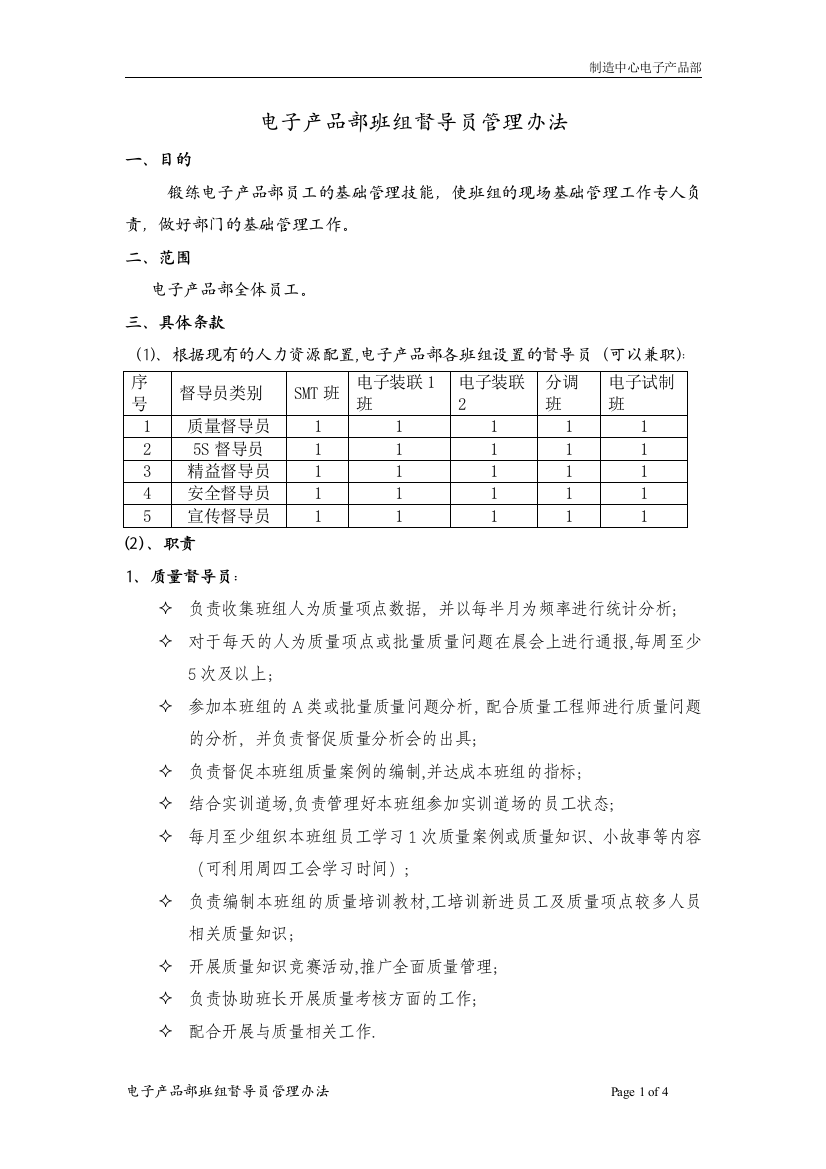 电子产品部班组督导员管理办法