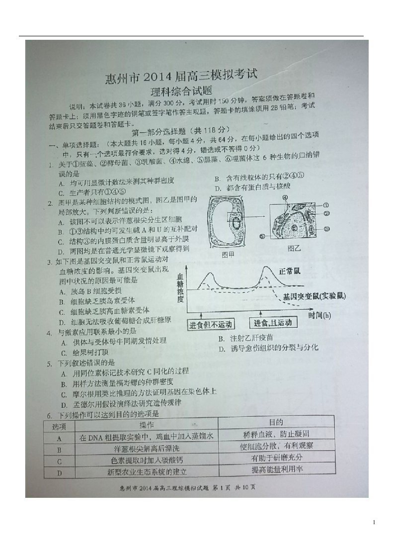 广东省惠州市高三理综4月模拟考试试题（