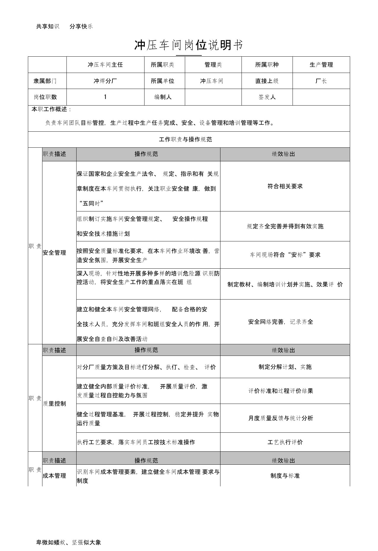 冲压车间岗位职责