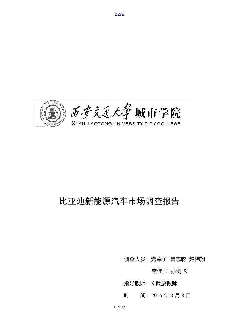 西安比亚迪新能源汽车市场调研报告材料