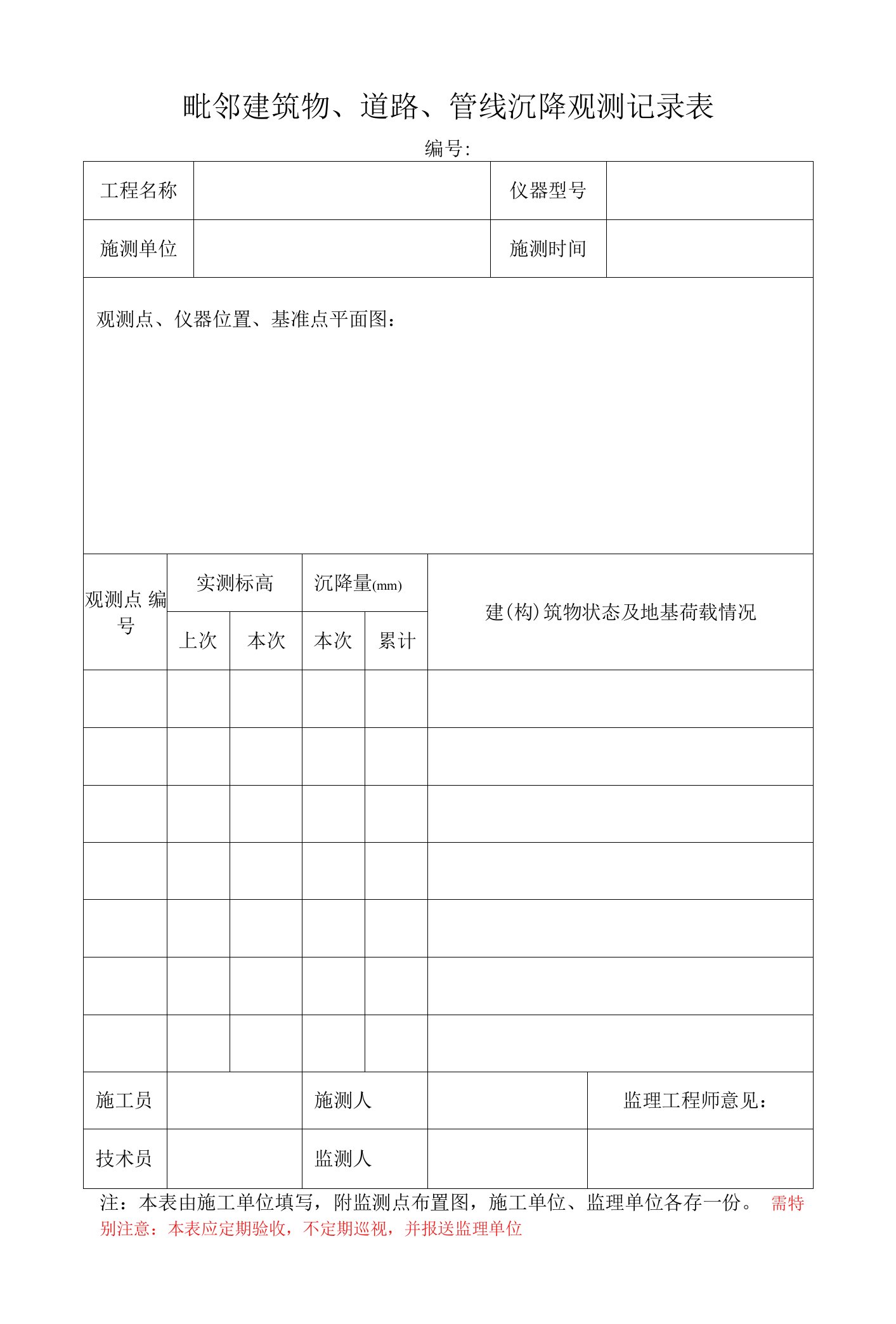 毗邻建筑物、道路、管线沉降观测记录表