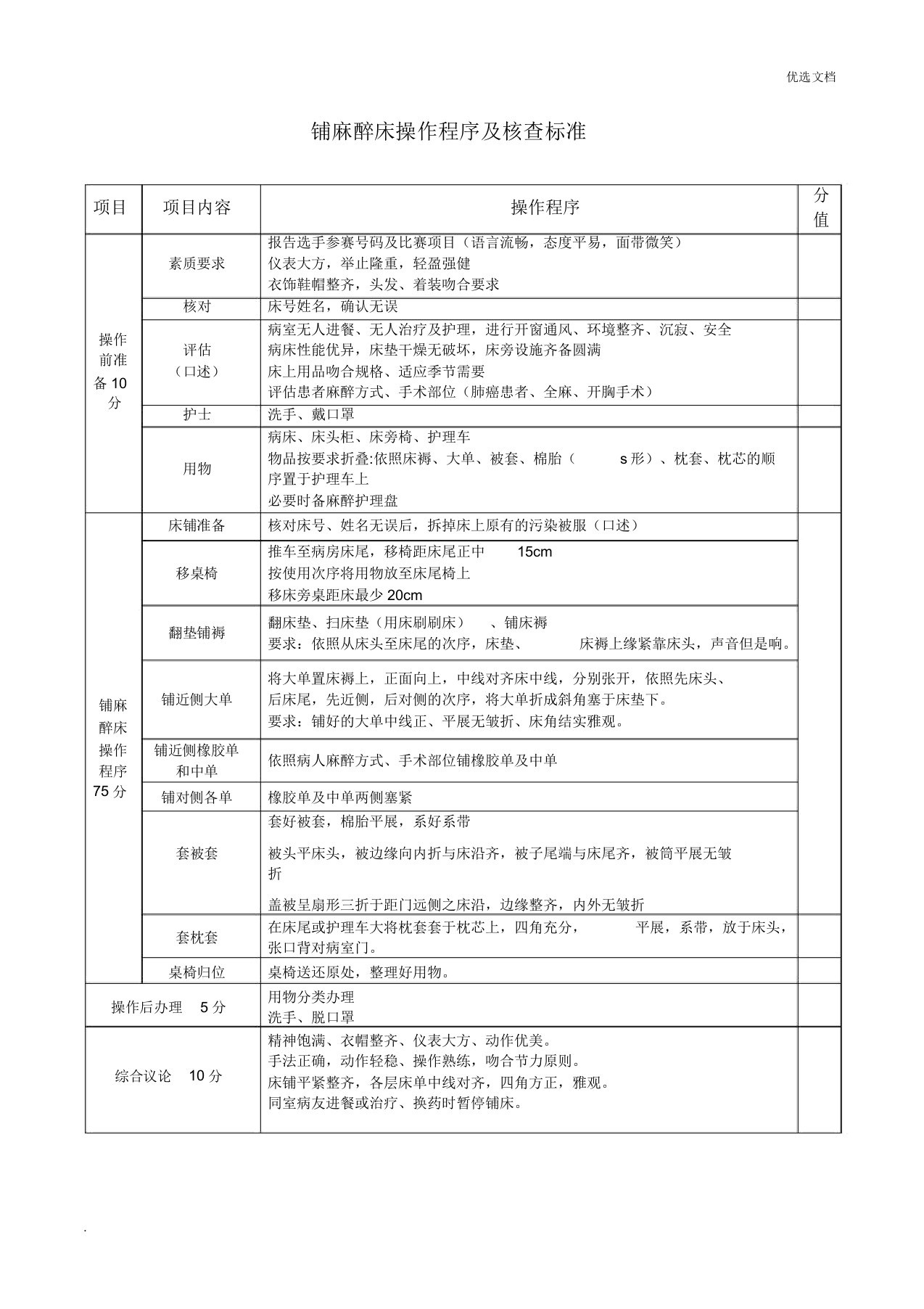 铺麻醉床评分标准