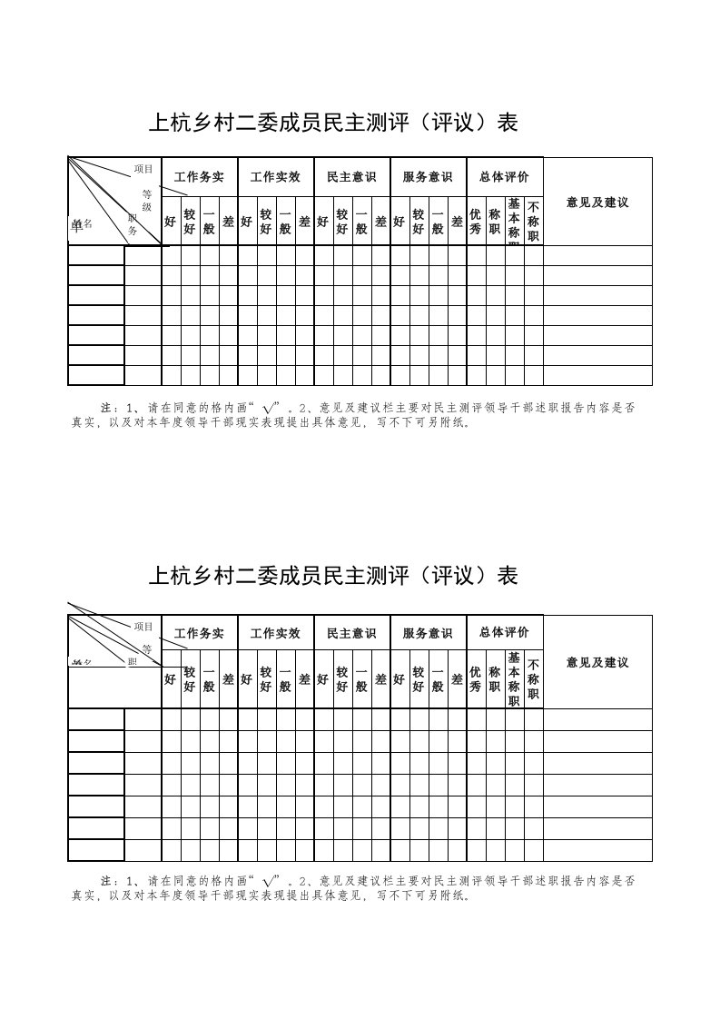 村干部民主测评表