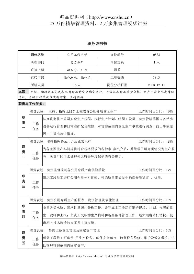 公用工程主管职务说明书