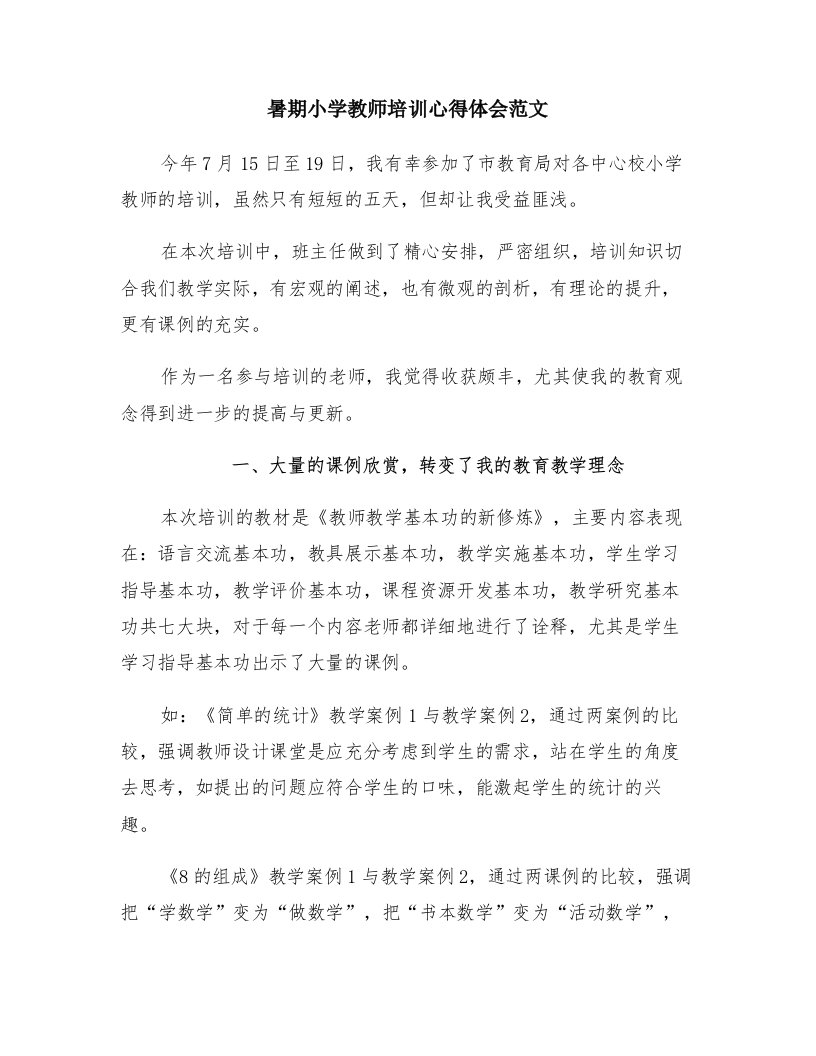 暑期小学教师培训心得体会范文