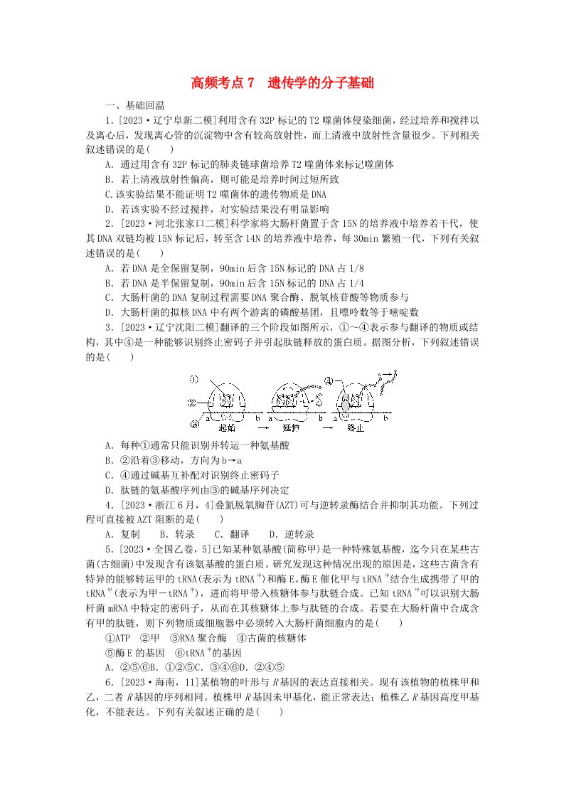 新教材2024届高考生物二轮专项分层特训卷第一部分完善生物学大概念__精练高频考点7遗传学的分子基础