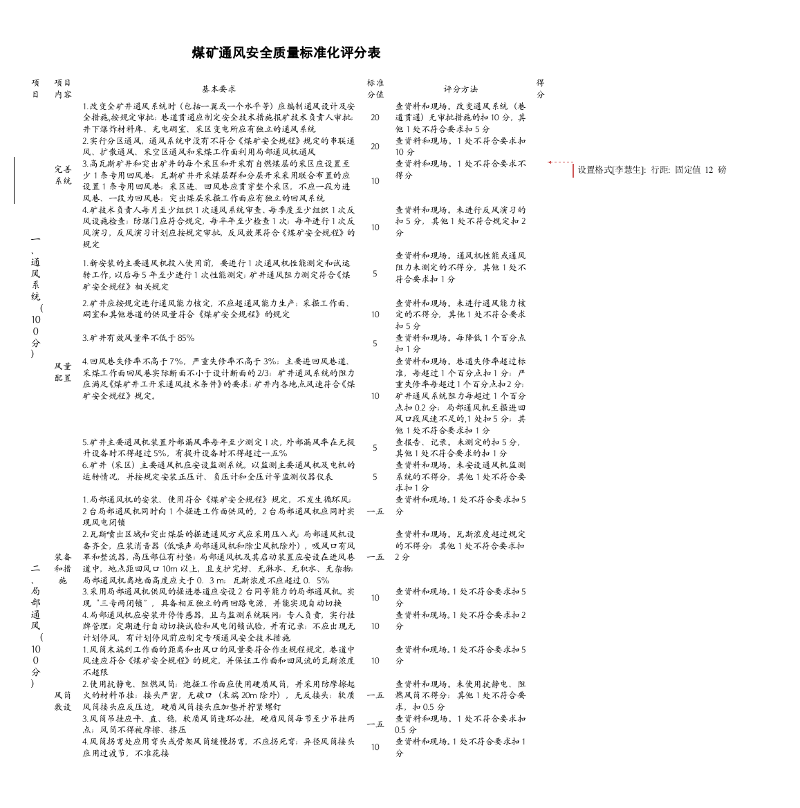 国家煤矿安全质量标准化考核评级办法及打分表