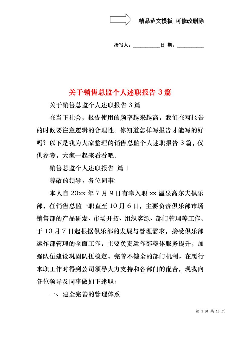 关于销售总监个人述职报告3篇