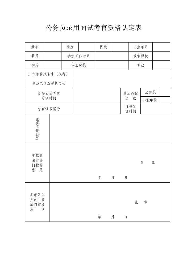 公务员录用面试考官资格认定表