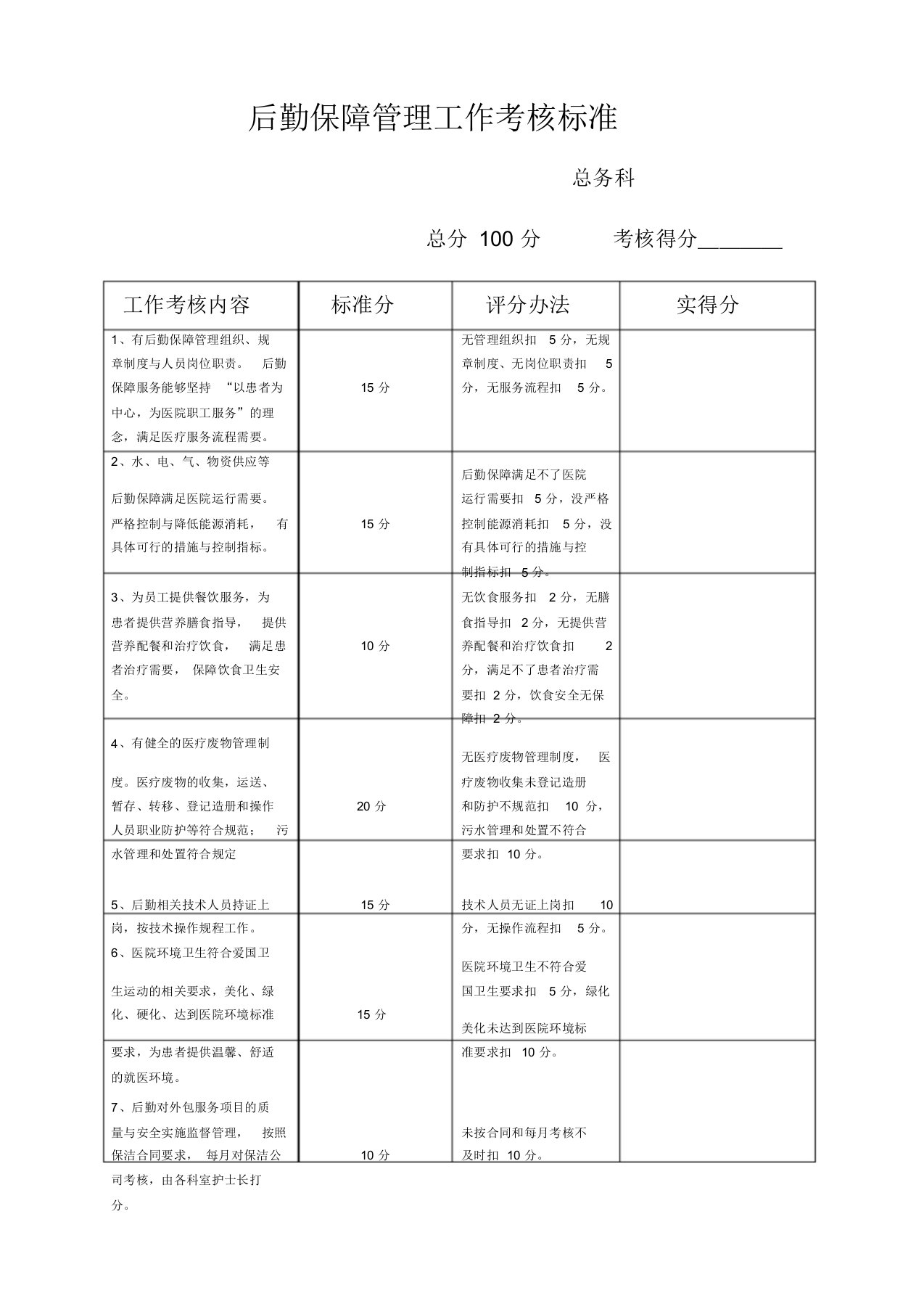 后勤保障管理工作考核标准