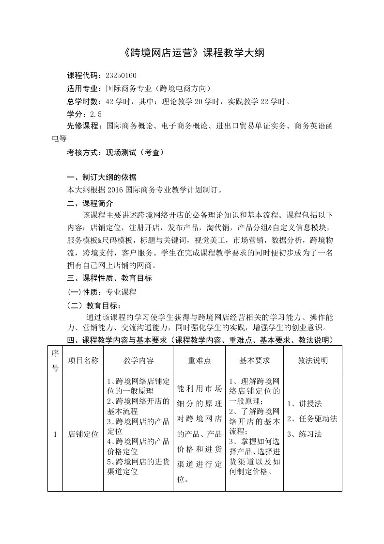 跨境网店运营课程教学大纲