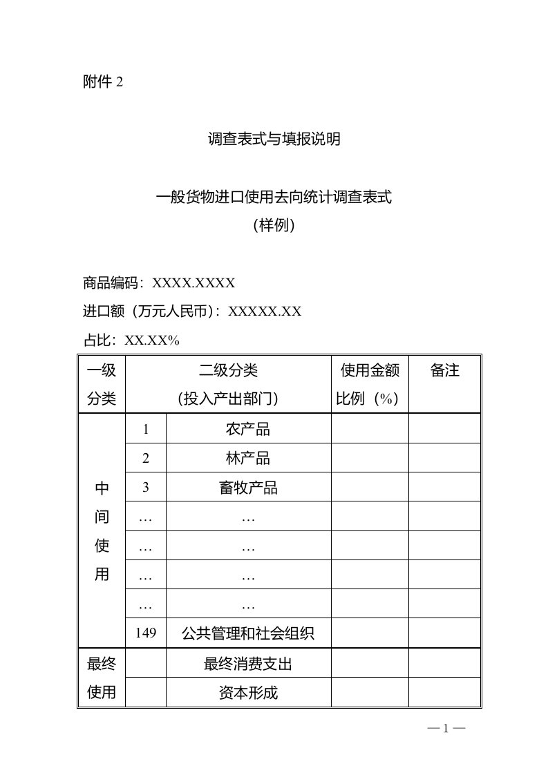 调查表式与填报说明一般货物进口使用去向统计调查表式样例