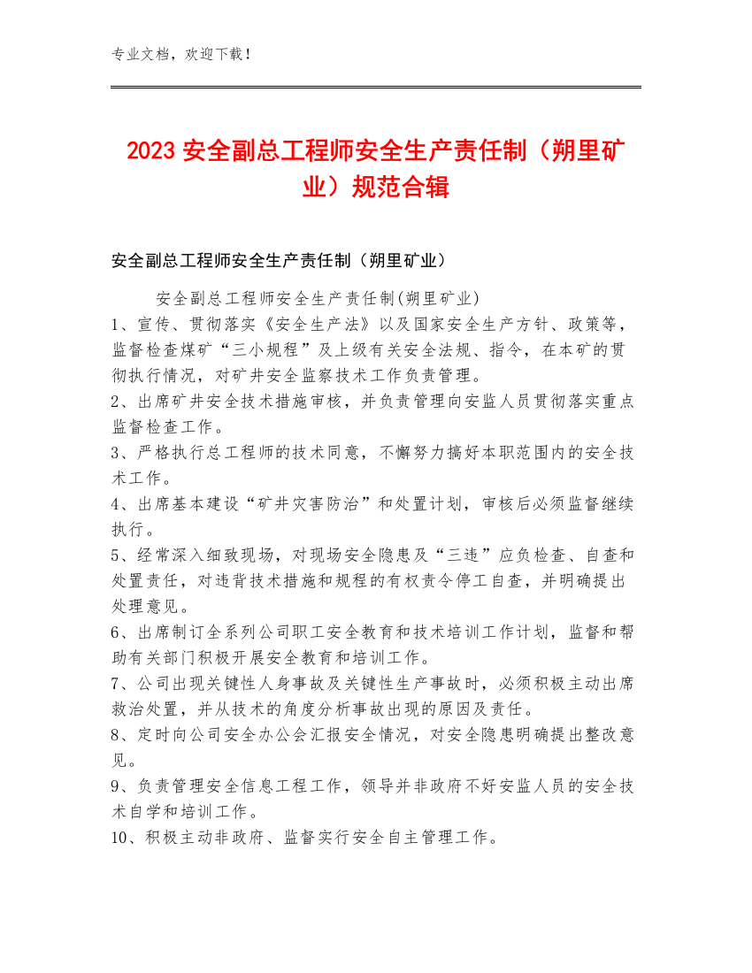 2023安全副总工程师安全生产责任制（朔里矿业）规范合辑