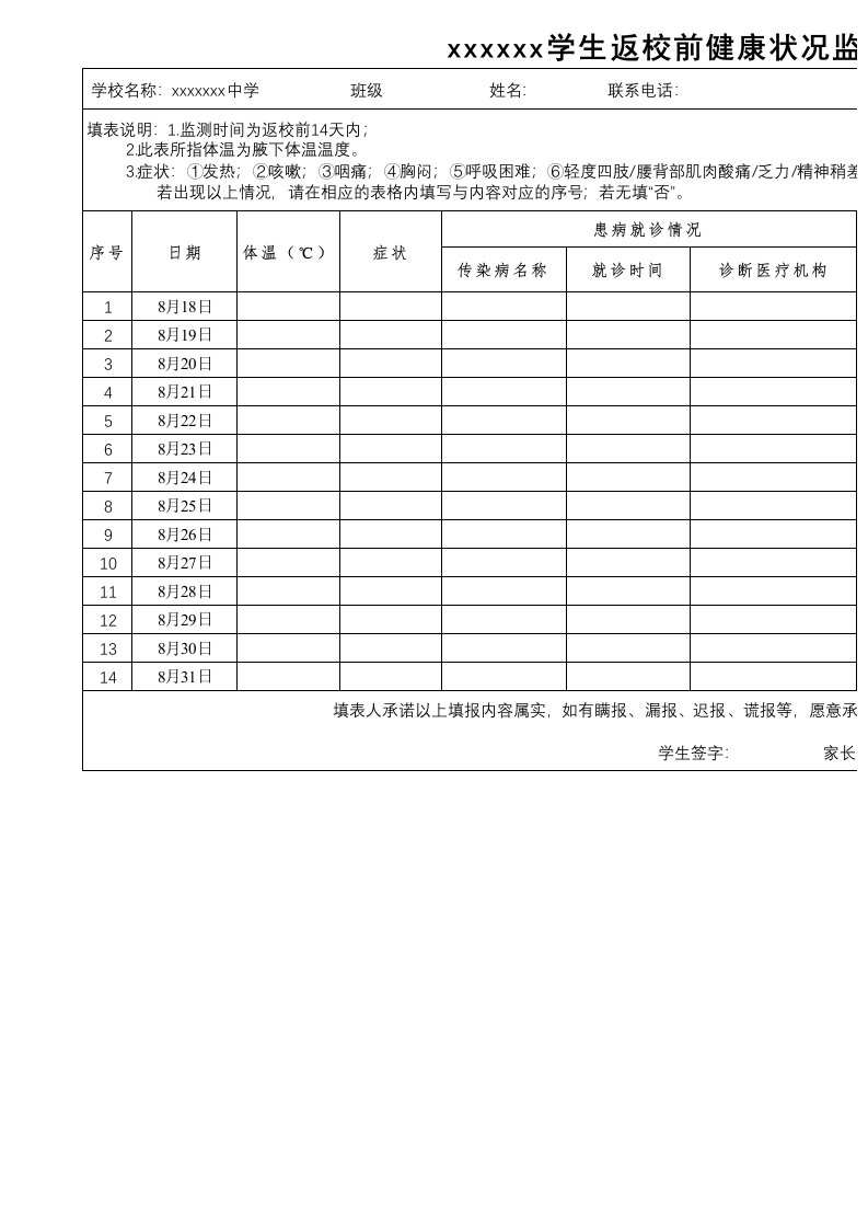 学生返校前14天健康状况检测表