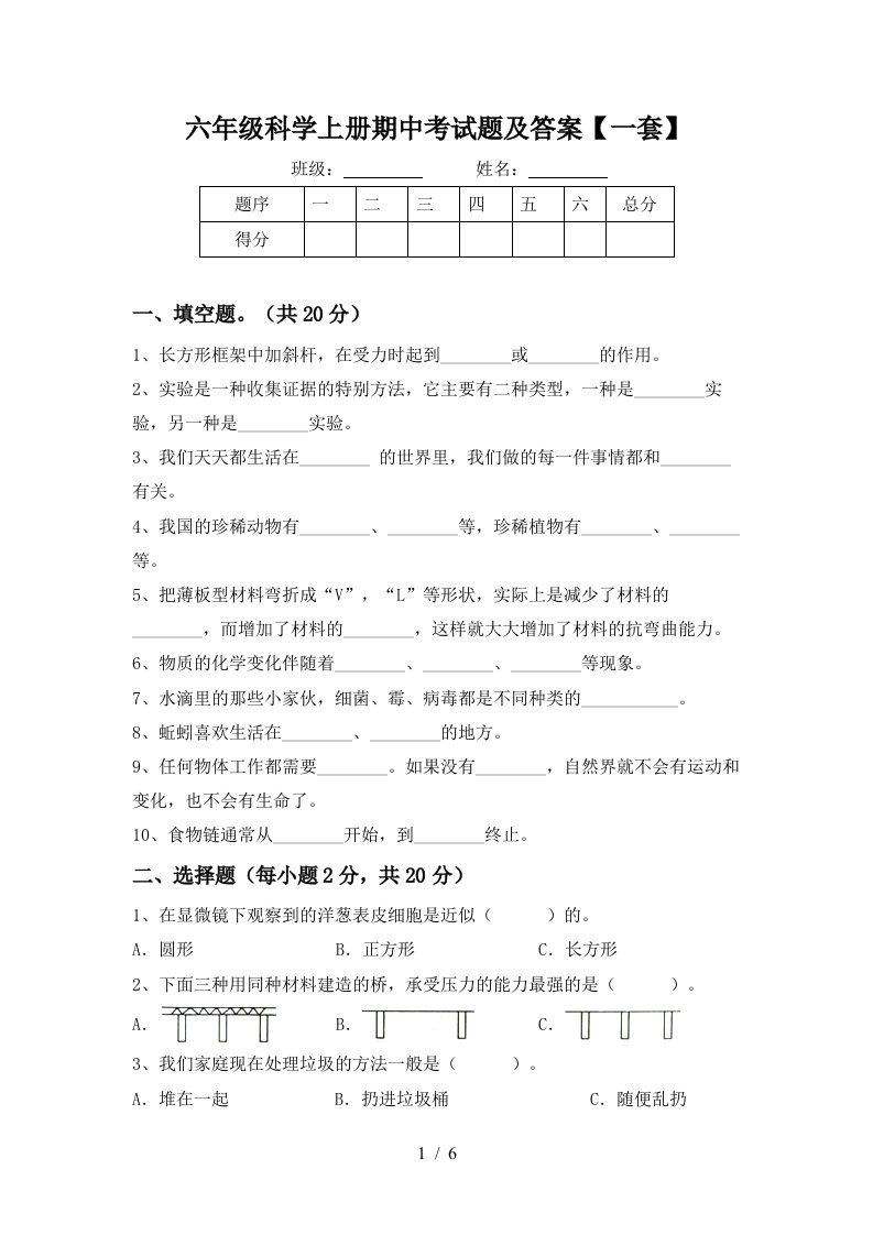 六年级科学上册期中考试题及答案一套