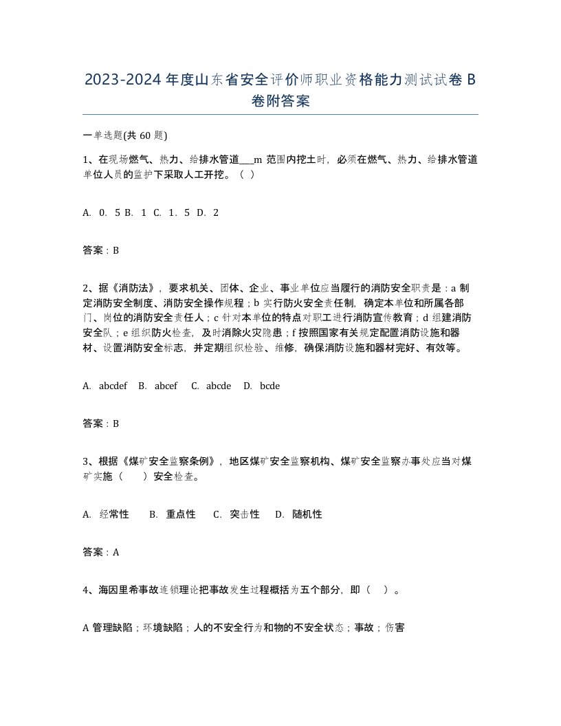 2023-2024年度山东省安全评价师职业资格能力测试试卷B卷附答案