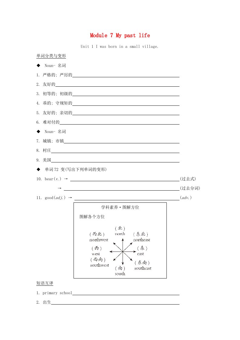 安徽省2024七年级英语下册Module7MypastlifeUnit1Iwasborninasmallvillage基础过关新版外研版