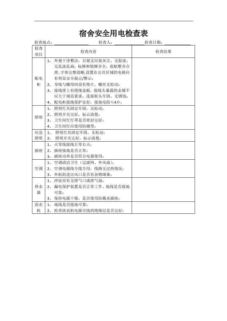 宿舍安全用电检查表