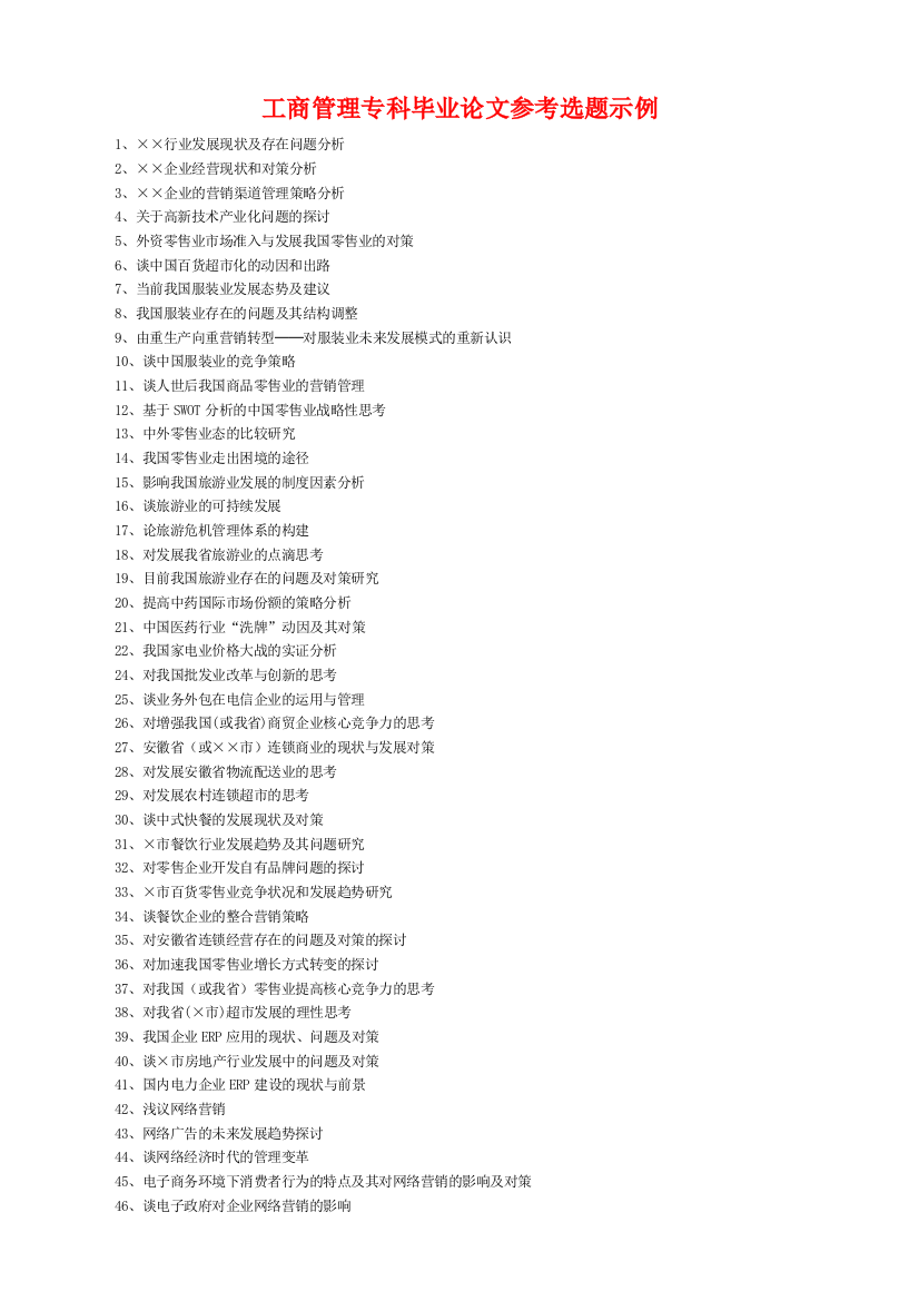 工商管理专业专科毕业论文选题