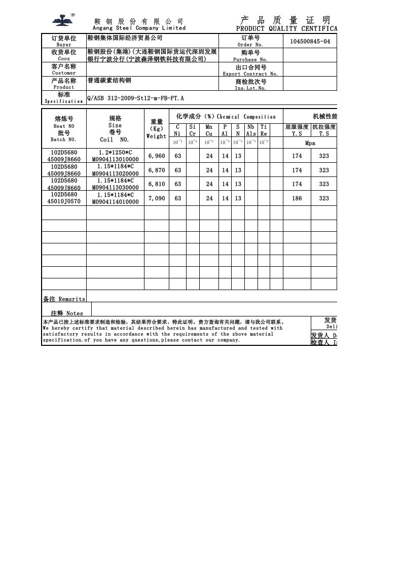 鞍钢冷轧质量保证书(可修改版）