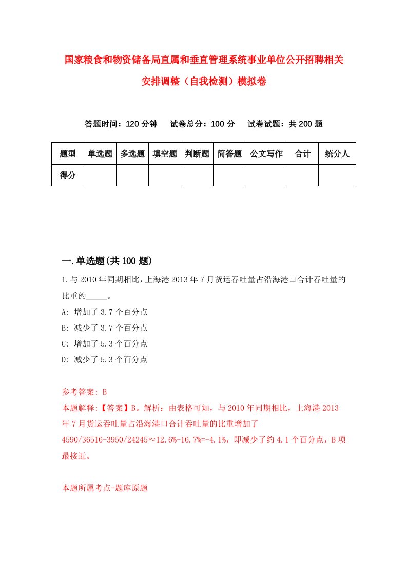 国家粮食和物资储备局直属和垂直管理系统事业单位公开招聘相关安排调整自我检测模拟卷第0次