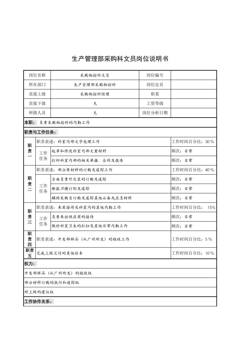 奥康集团生产管理部采购科文员岗位说明书