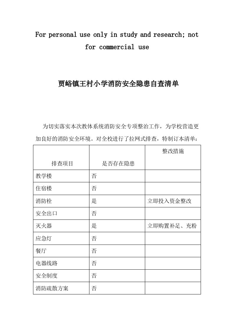 荥阳市贾峪镇王村小学消防安全隐患自查清单