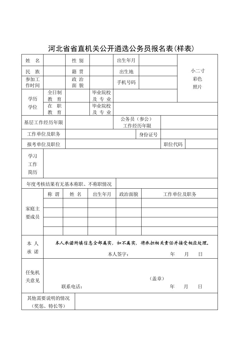 河北直机关公开遴选公务员报名表（样表）