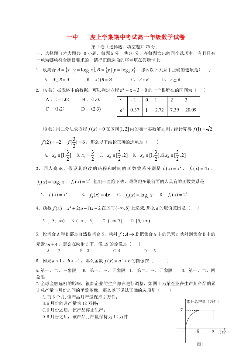 （整理版）一中上学期期中考试高一年级数学试卷